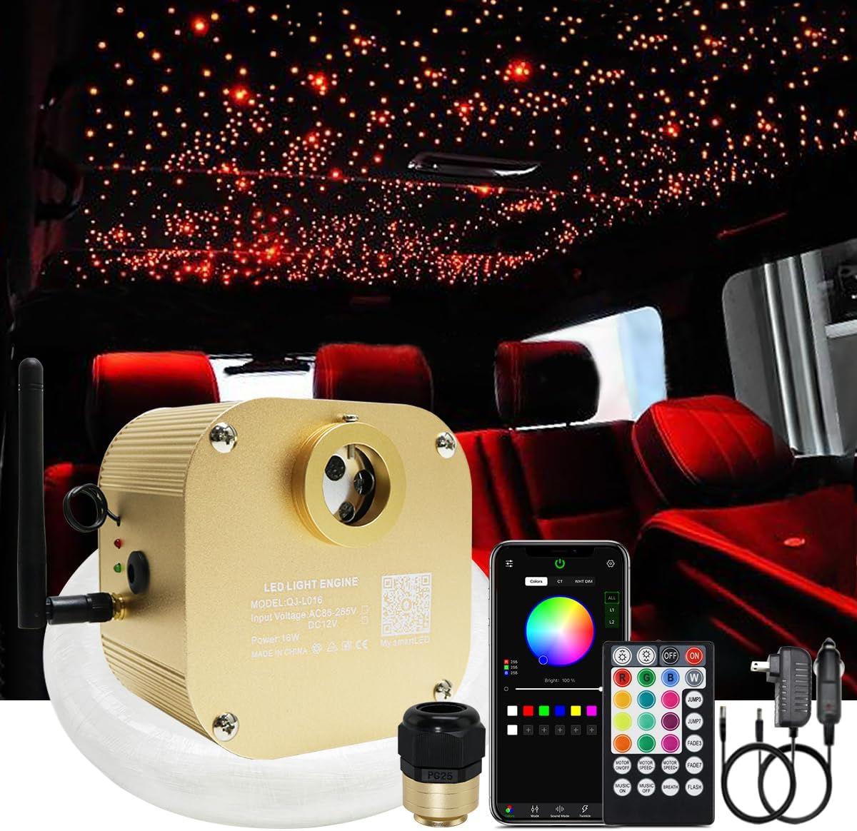 کیت چراغ فیبر نوری AKEPO 16W RGBW Twinkle APP، با قابلیت پخش موسیقی + 335 عدد کابل فیبر نوری + ریموت کنترل مناسب برای چراغ سقفی ستاره‌ای سقف ماشین، چراغ سقفی سقفی ستاره‌ای Starlight Headliner